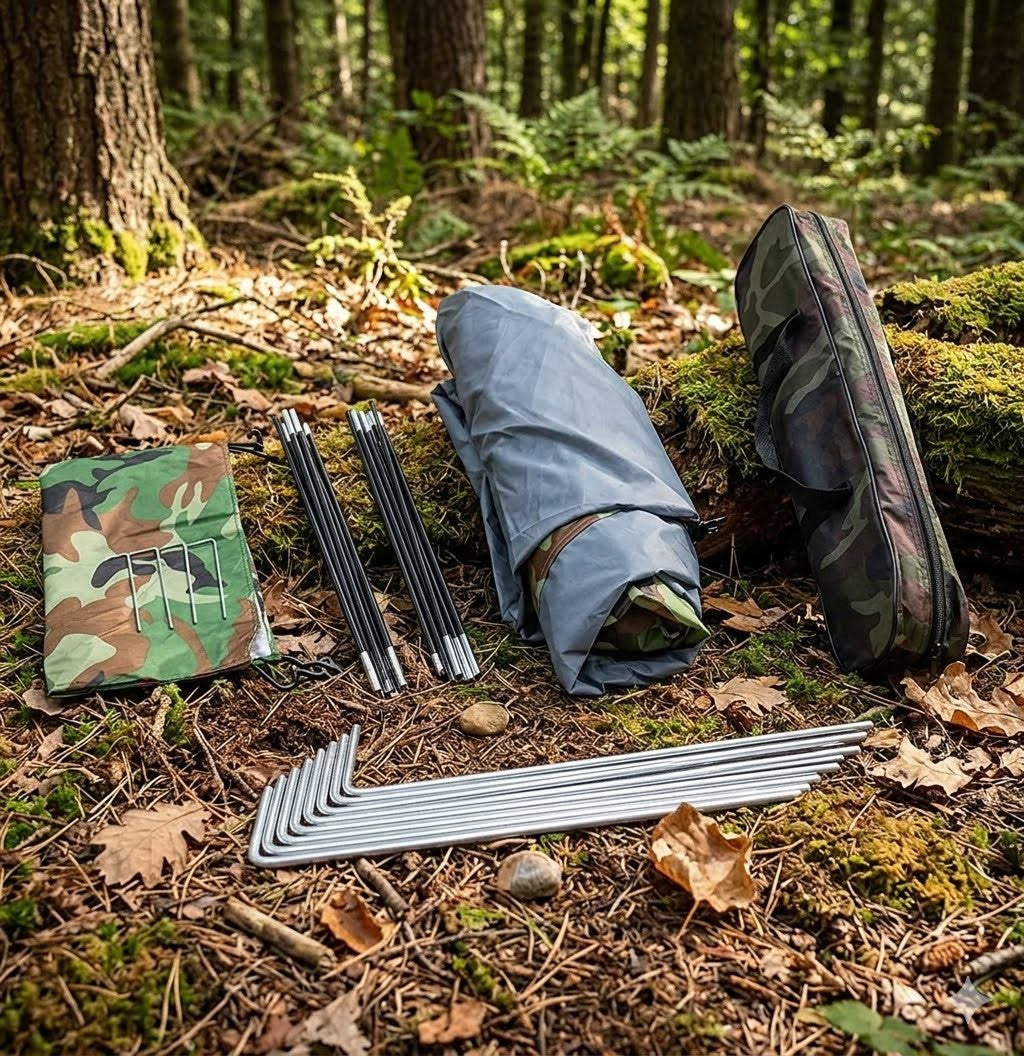 Camping gear including a camouflage bag, tent stakes, and a sleeping pad on a forest floor.