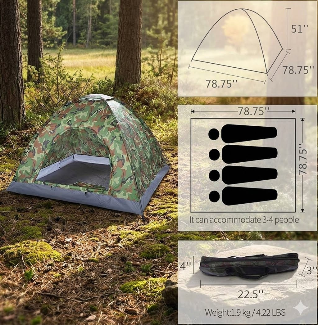 Lightweight 4-Person Camo Dome Tent for Camping – Big Green Bear