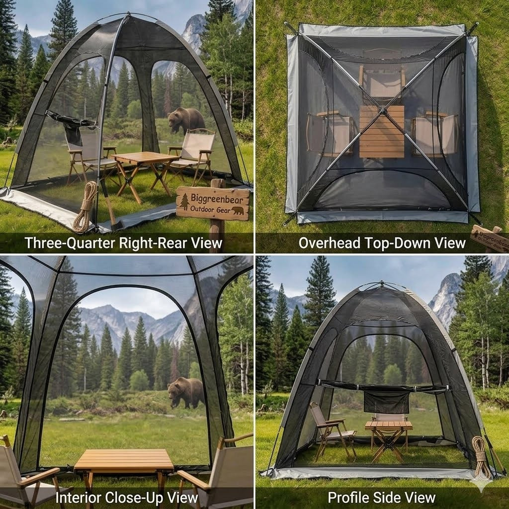 Collage of a camping screen tent with various views in a natural setting.