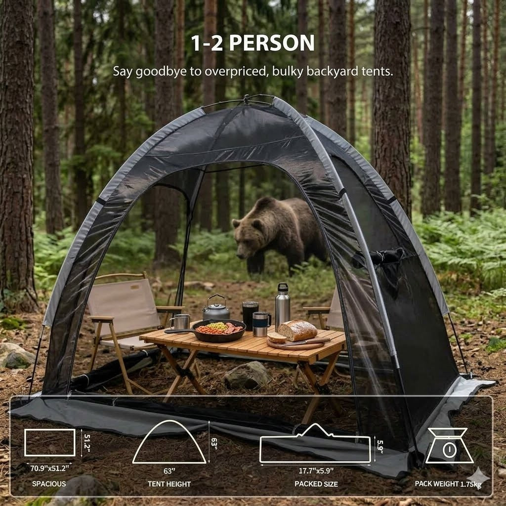 Small camping tent in a forest with a bear in the background
