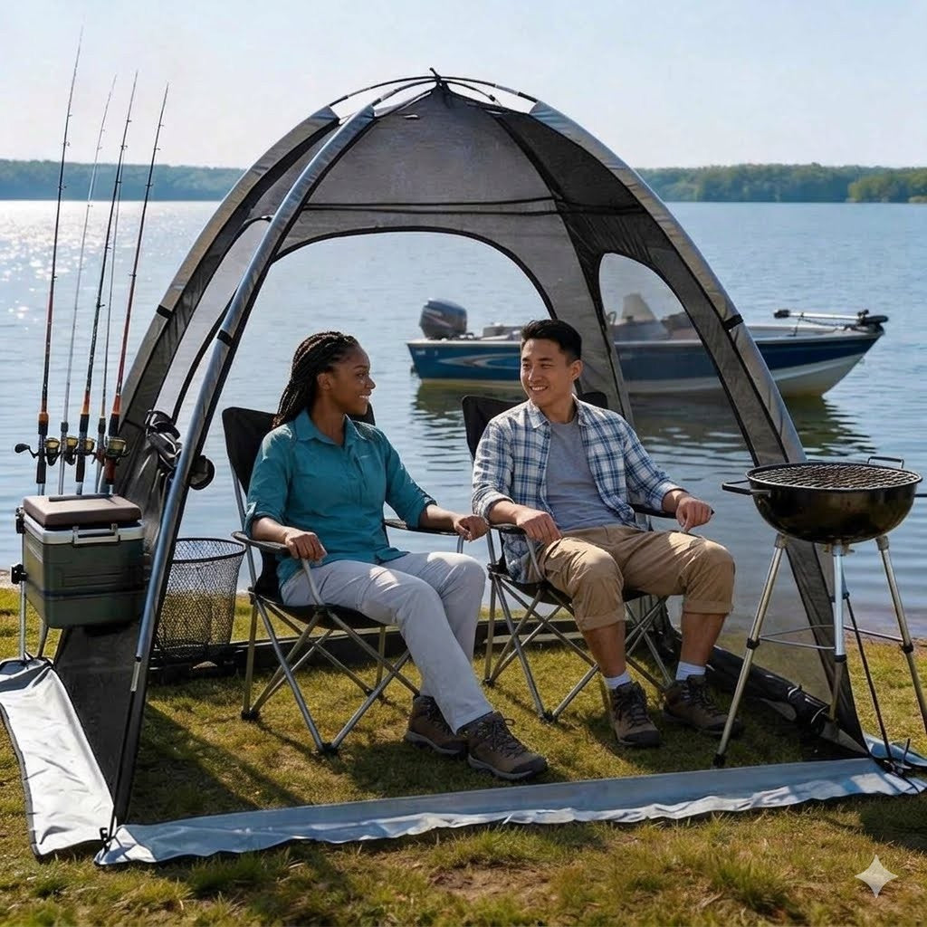 Two people sitting under a camping tent by a lake with fishing equipment and a grill.