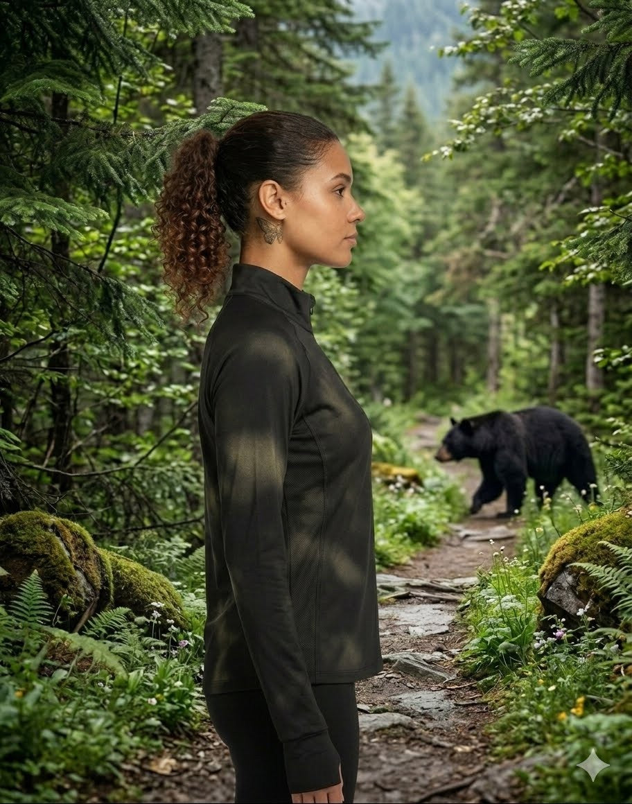 Woman standing on a forest path with a bear in the background