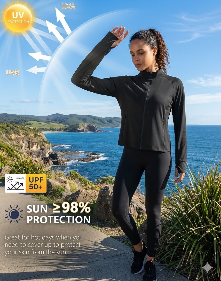 Person wearing black UV protective clothing with a scenic background