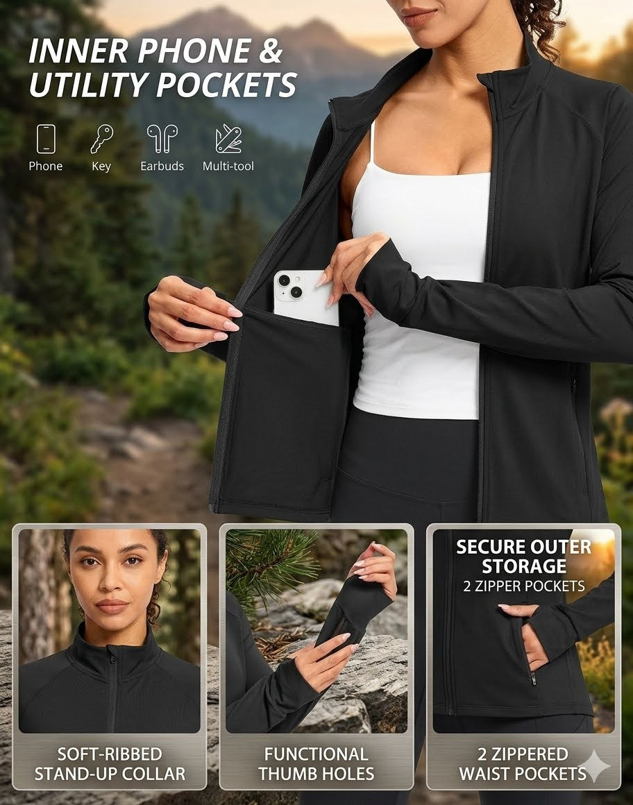 Person wearing a black jacket with utility pockets, set against a natural background.