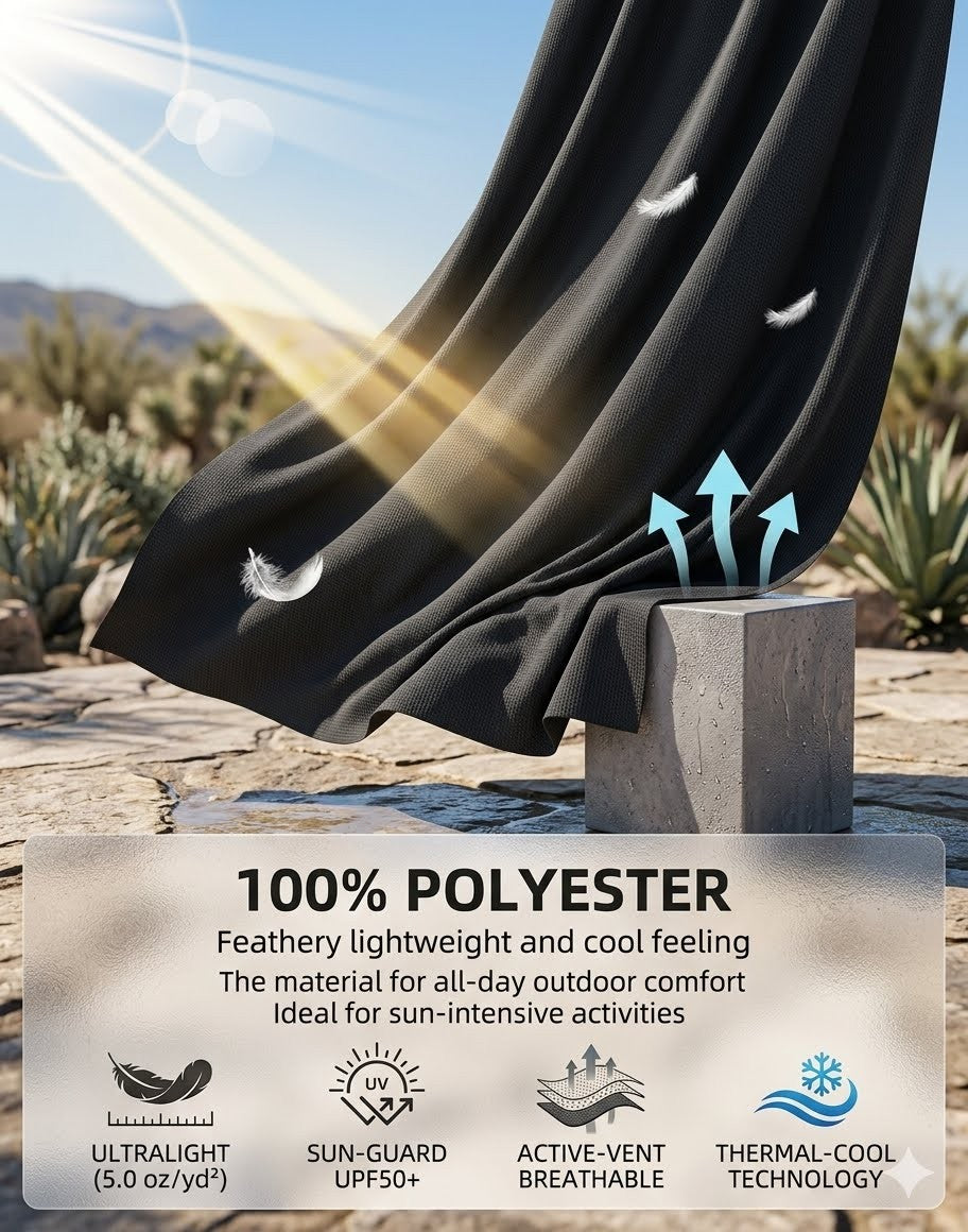 Black fabric with text and icons on a desert background