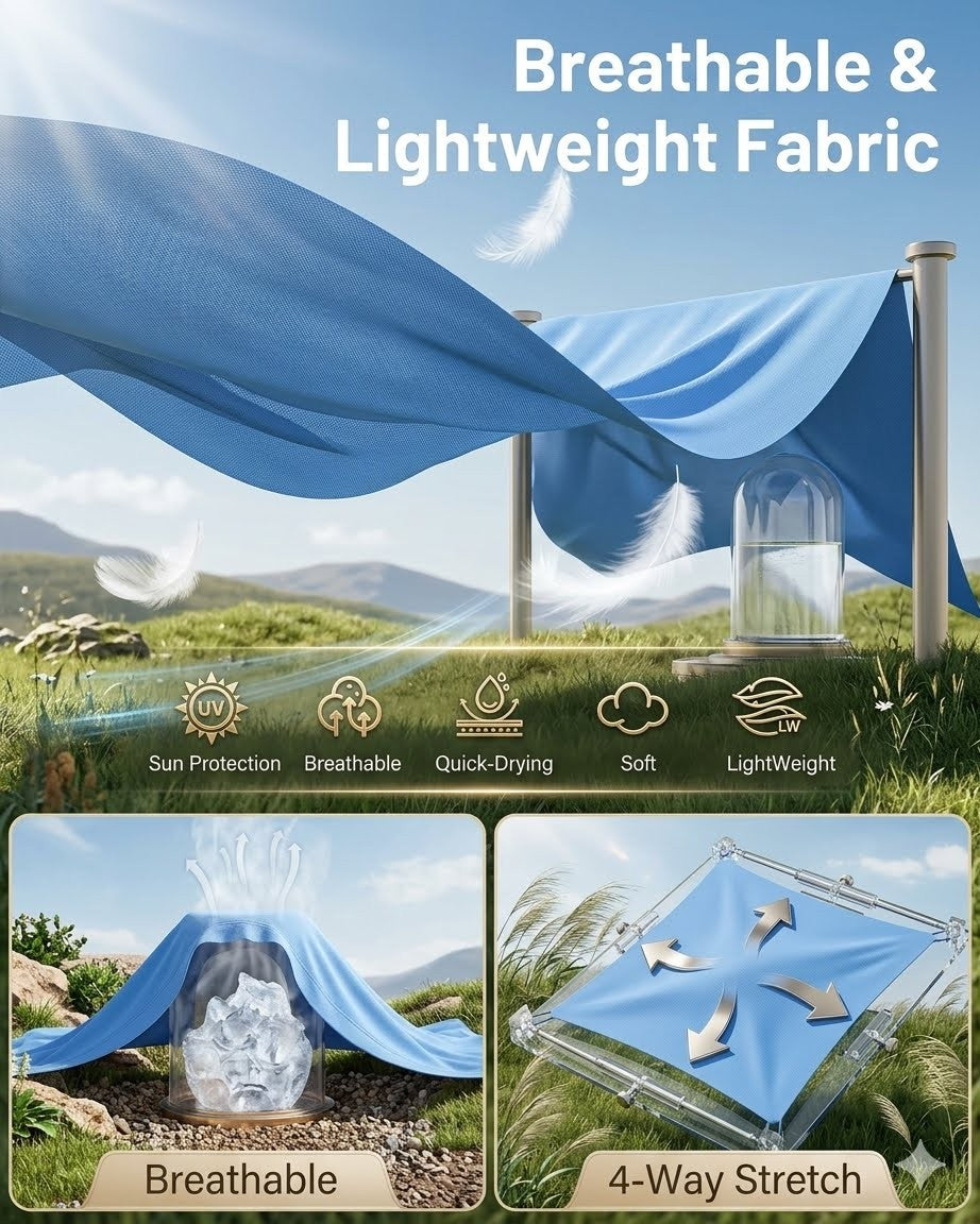 Blue fabric canopy with text highlighting breathable and lightweight properties, set against a scenic background.
