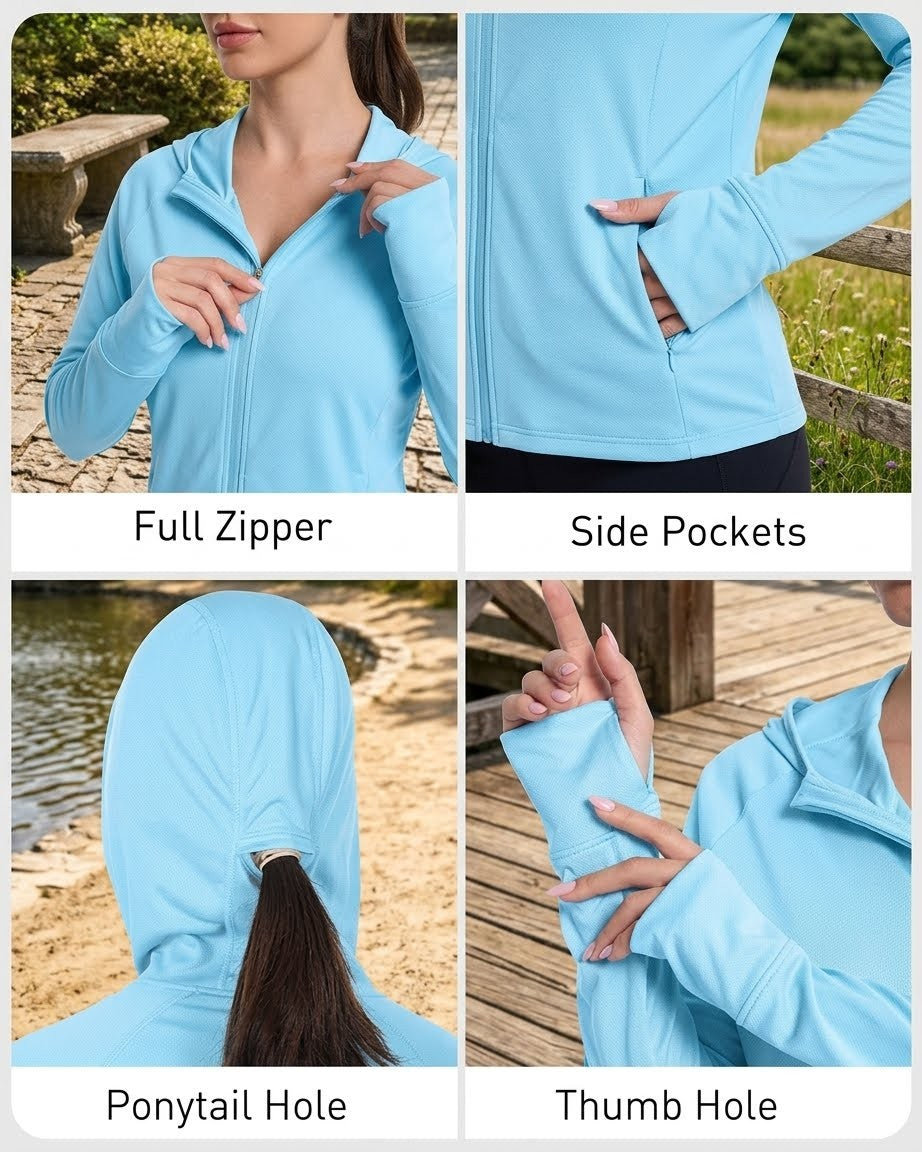 Light blue jacket with full zipper, side pockets, ponytail hole, and thumb hole features.