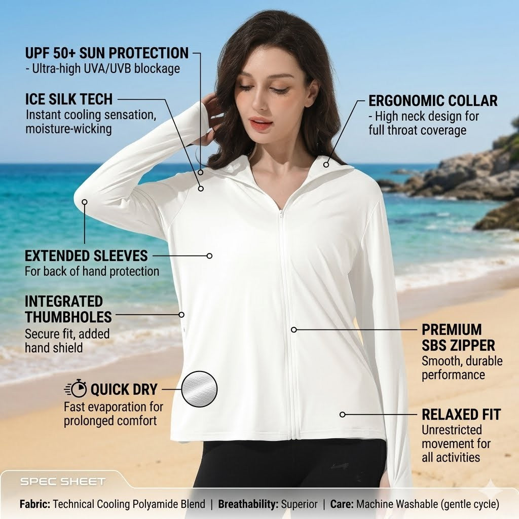 Woman wearing a white jacket with text highlighting features on a beach background