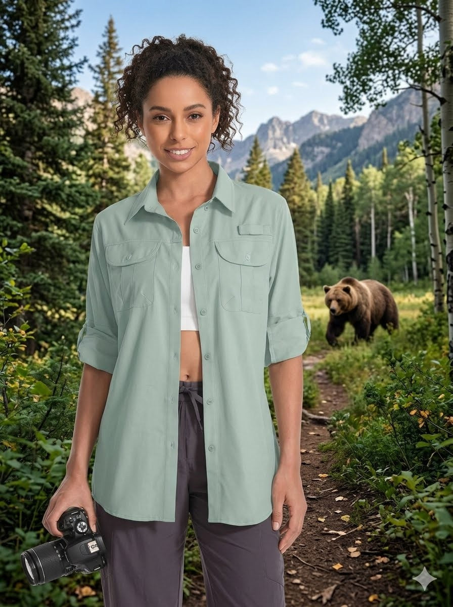 Woman standing in a forest with a bear in the background big green bear