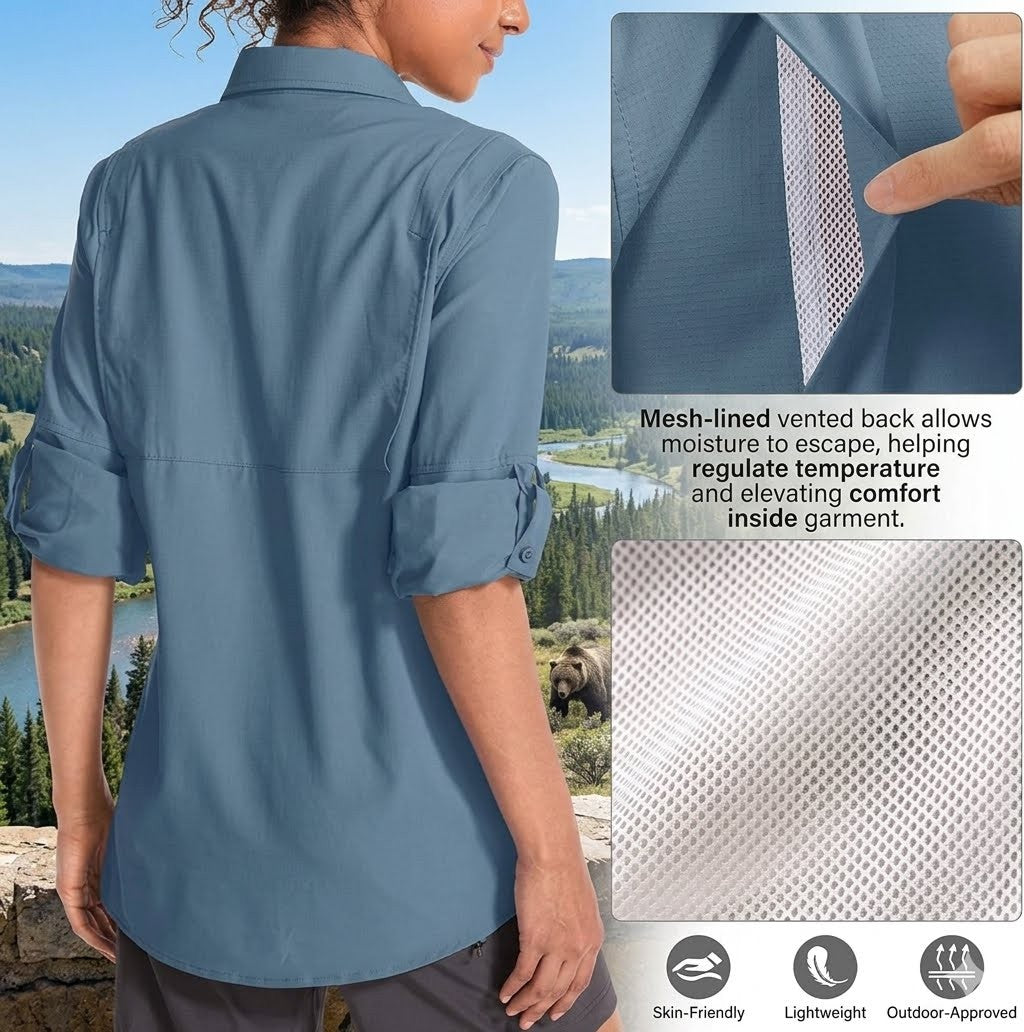 Person wearing a blue shirt with mesh-lined vented back feature, set against a scenic outdoor background.