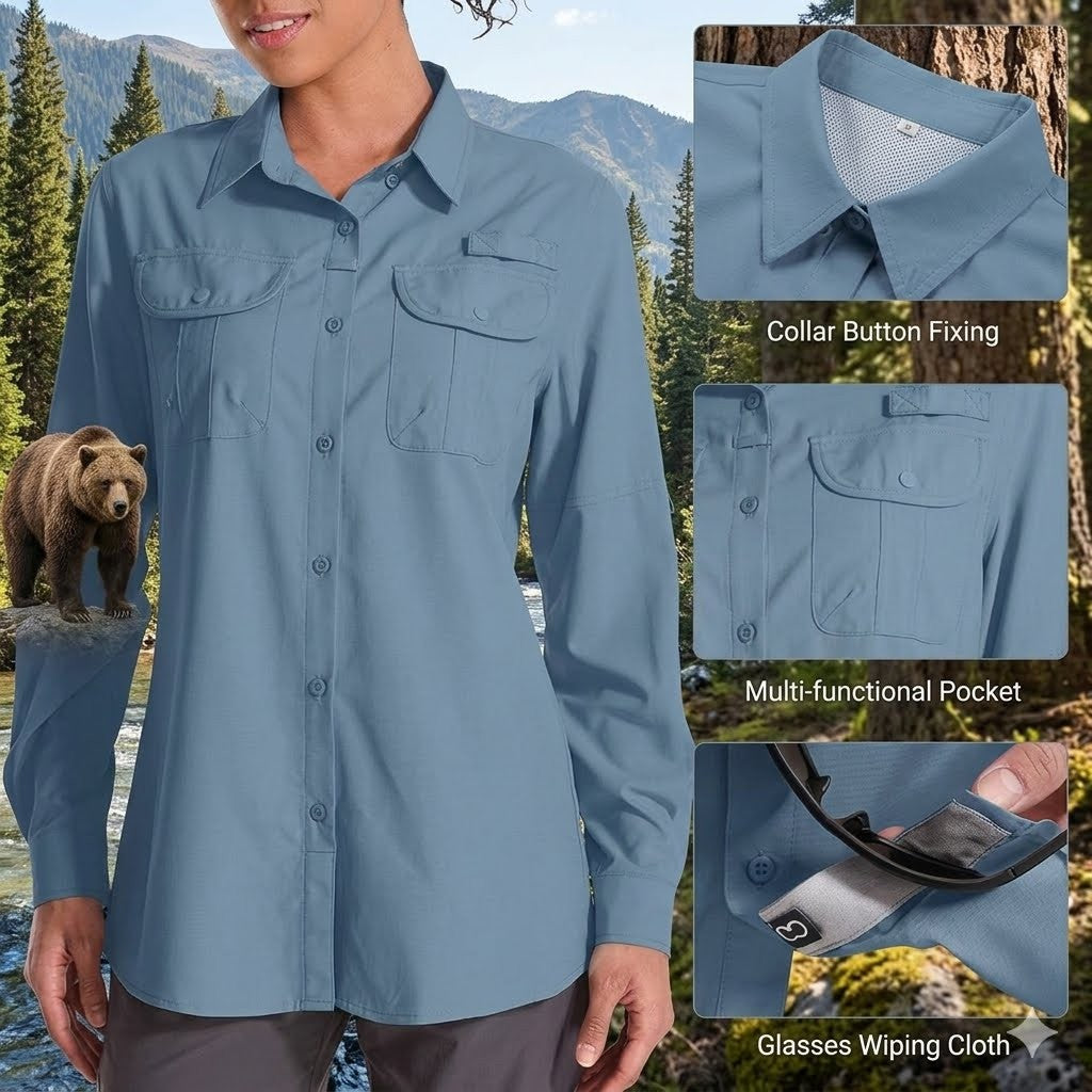 Person wearing a blue shirt with mountain and bear background, showing shirt details.