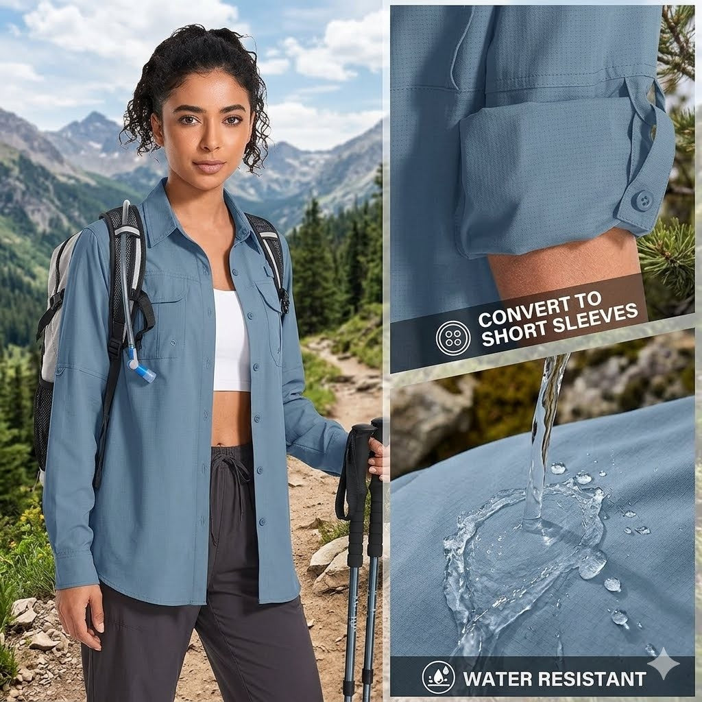 Woman hiking with a blue shirt and backpack, inset showing shirt details and water resistance.