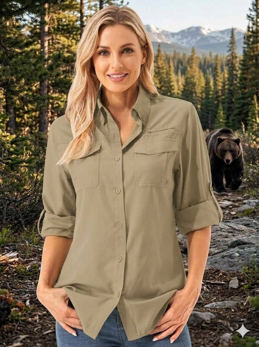 Woman in a green shirt standing in a forest with a bear in the background big green bear