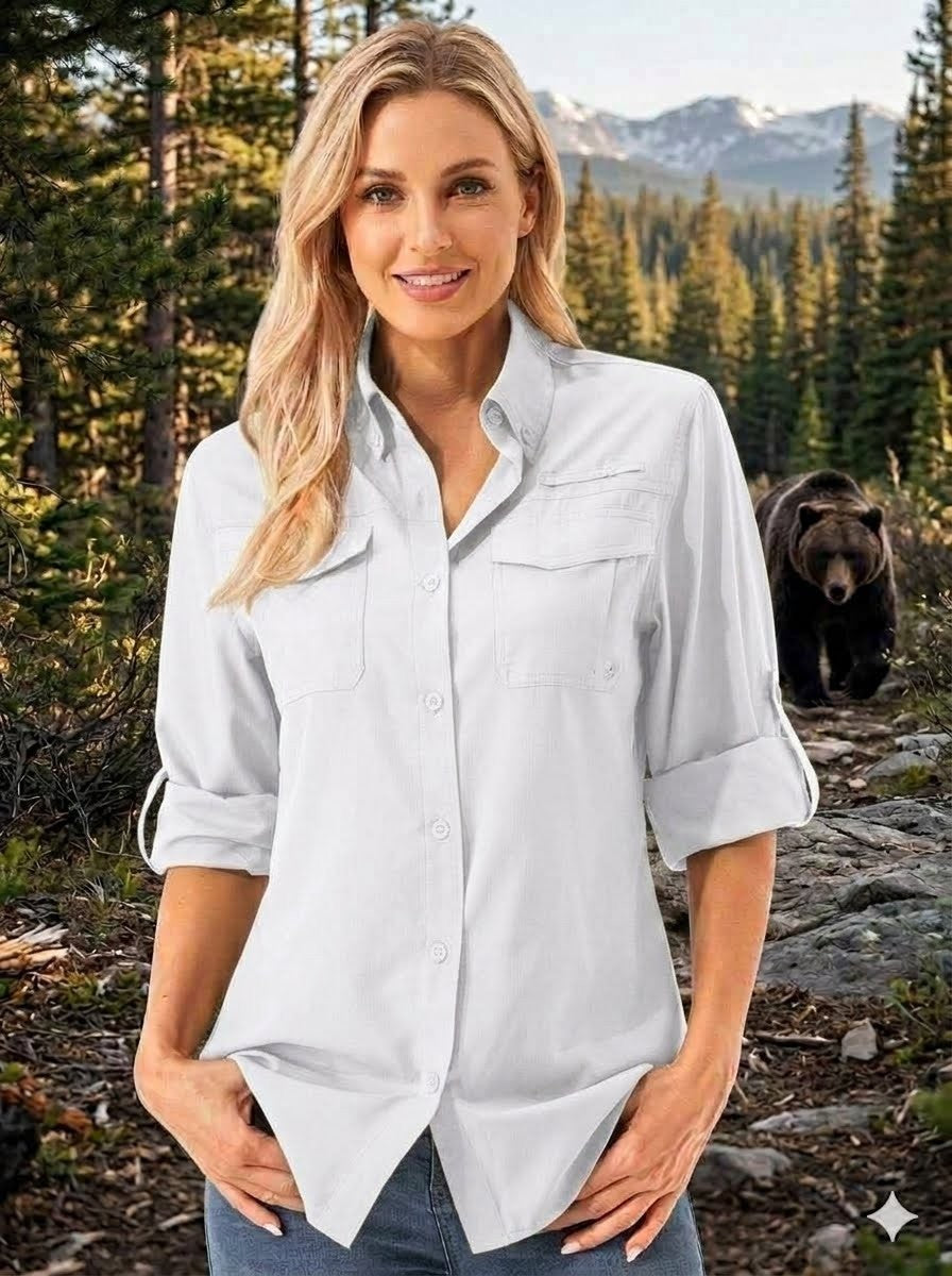Woman standing in a forest with a bear in the background big green bear
