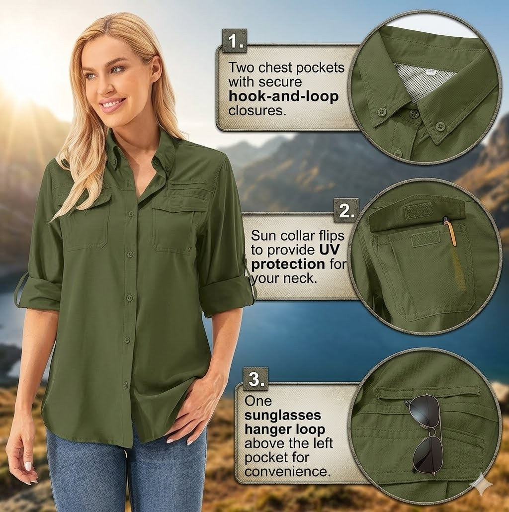 Woman wearing a green shirt with product features highlighted, including chest pockets and sunglasses hanger loop.