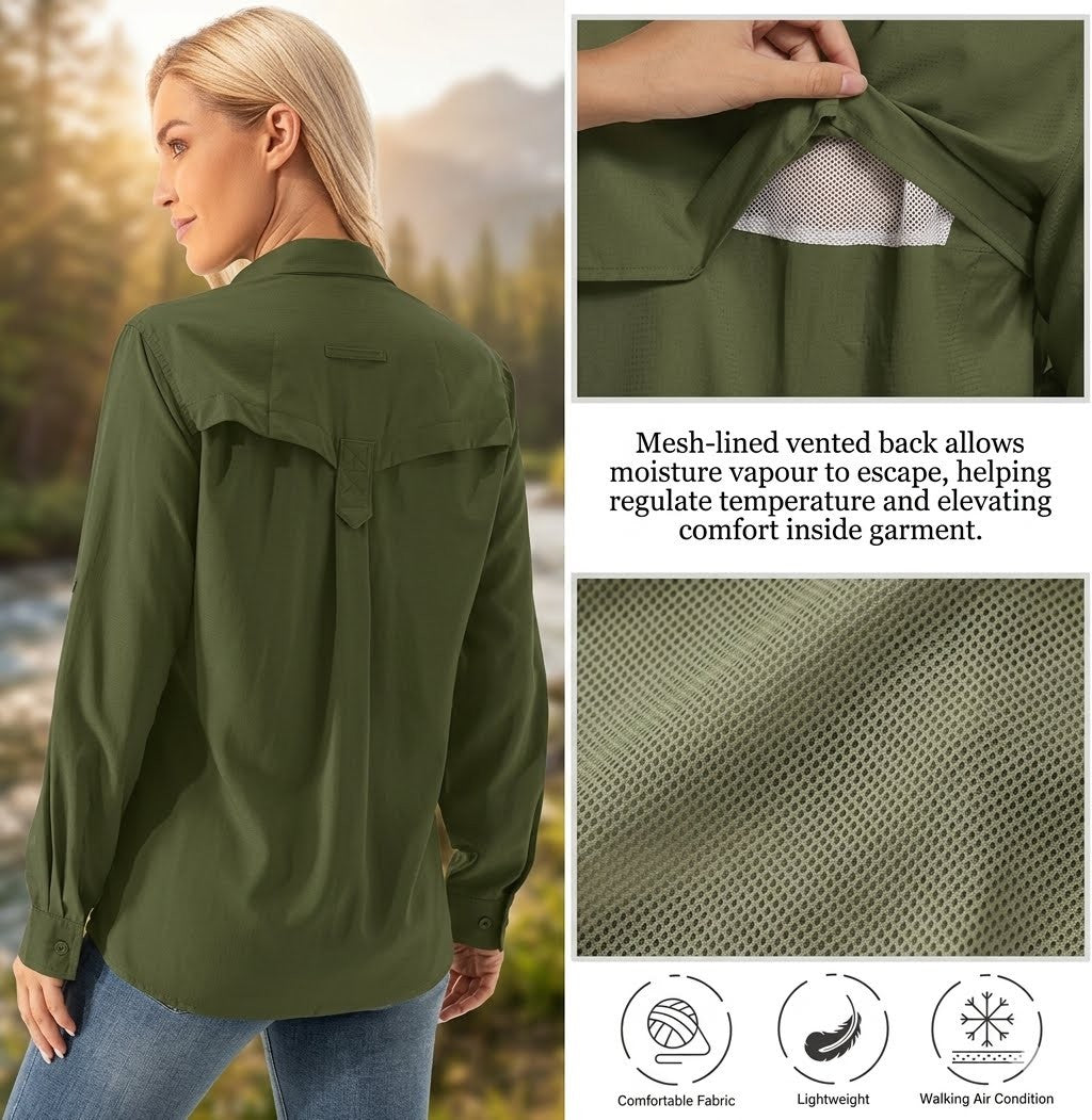 Green shirt worn by a person with text explaining mesh-lined vented back feature, close-up of fabric, and outdoor setting.