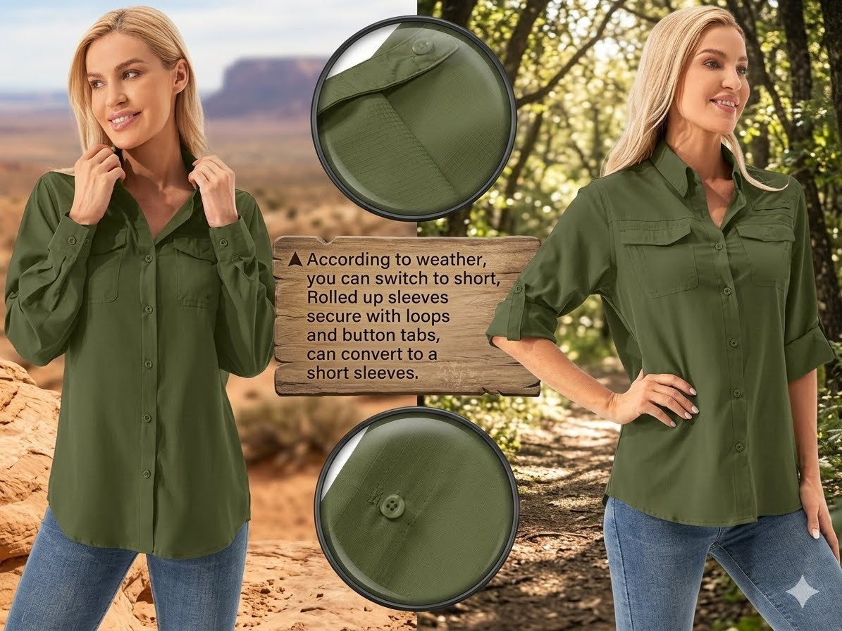 Woman wearing a green shirt with adjustable sleeves in a natural setting
