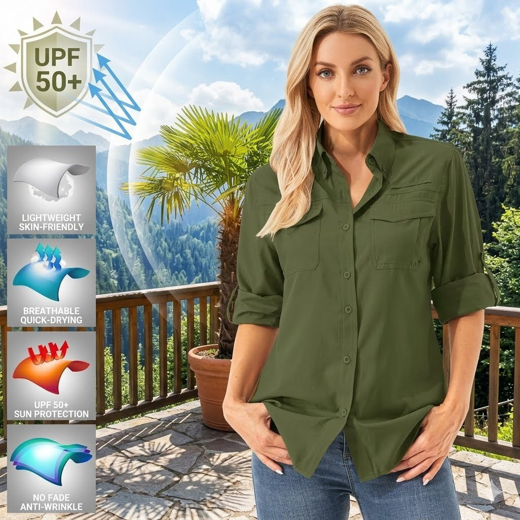 Woman wearing a green shirt with outdoor scenery and product features displayed.