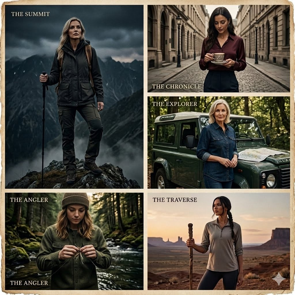 Collage of six images featuring women in various outdoor settings with text labels.
