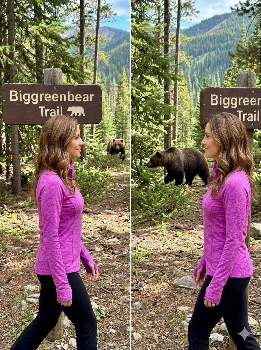 Woman in a purple jacket standing on a trail with a bear in the background