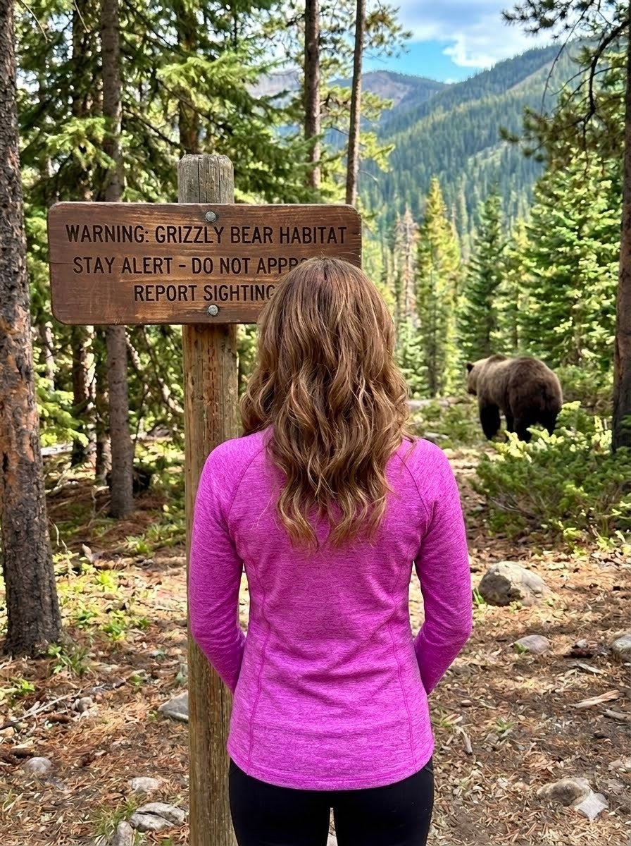 Person in a pink jacket standing near a grizzly bear in a forest with a warning sign.