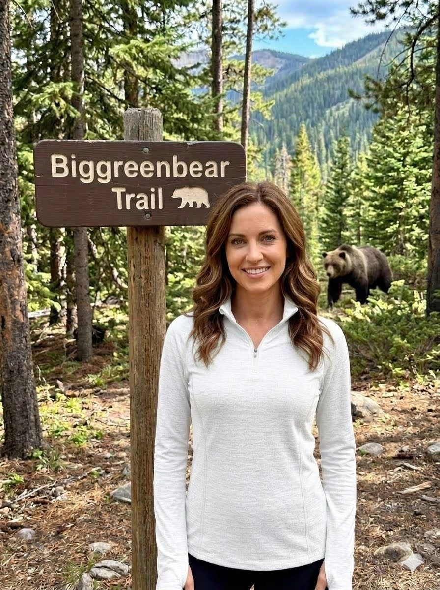 Woman standing next to a 'Biggreenbear Trail' sign with a bear in the background