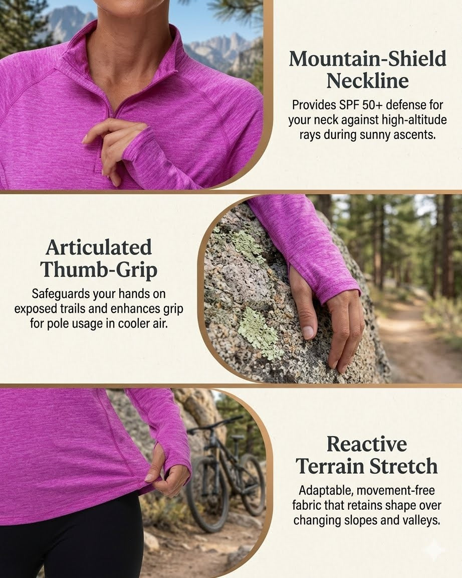 Purple outdoor jacket with features highlighted on a scenic background