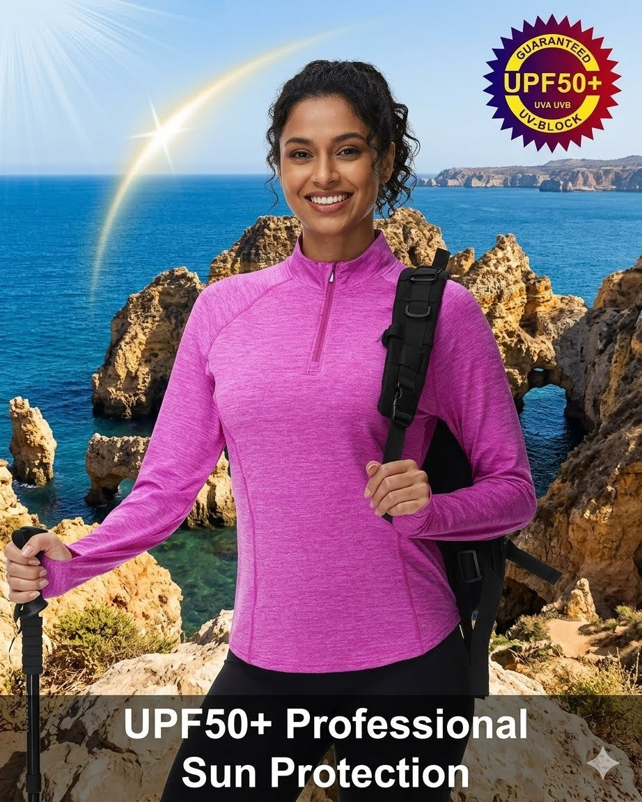 Woman in purple long-sleeve shirt with UPF50+ sun protection label, hiking on a rocky coastline.