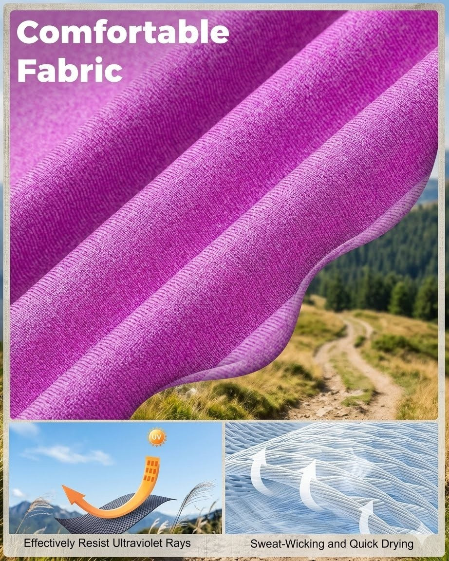 Close-up of purple fabric with outdoor scenery and text about fabric properties.