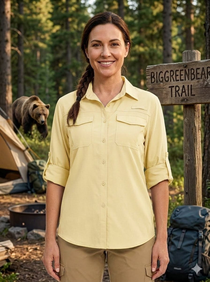 Woman in a yellow shirt standing in a forest with a bear and camping gear in the background. big green bear
