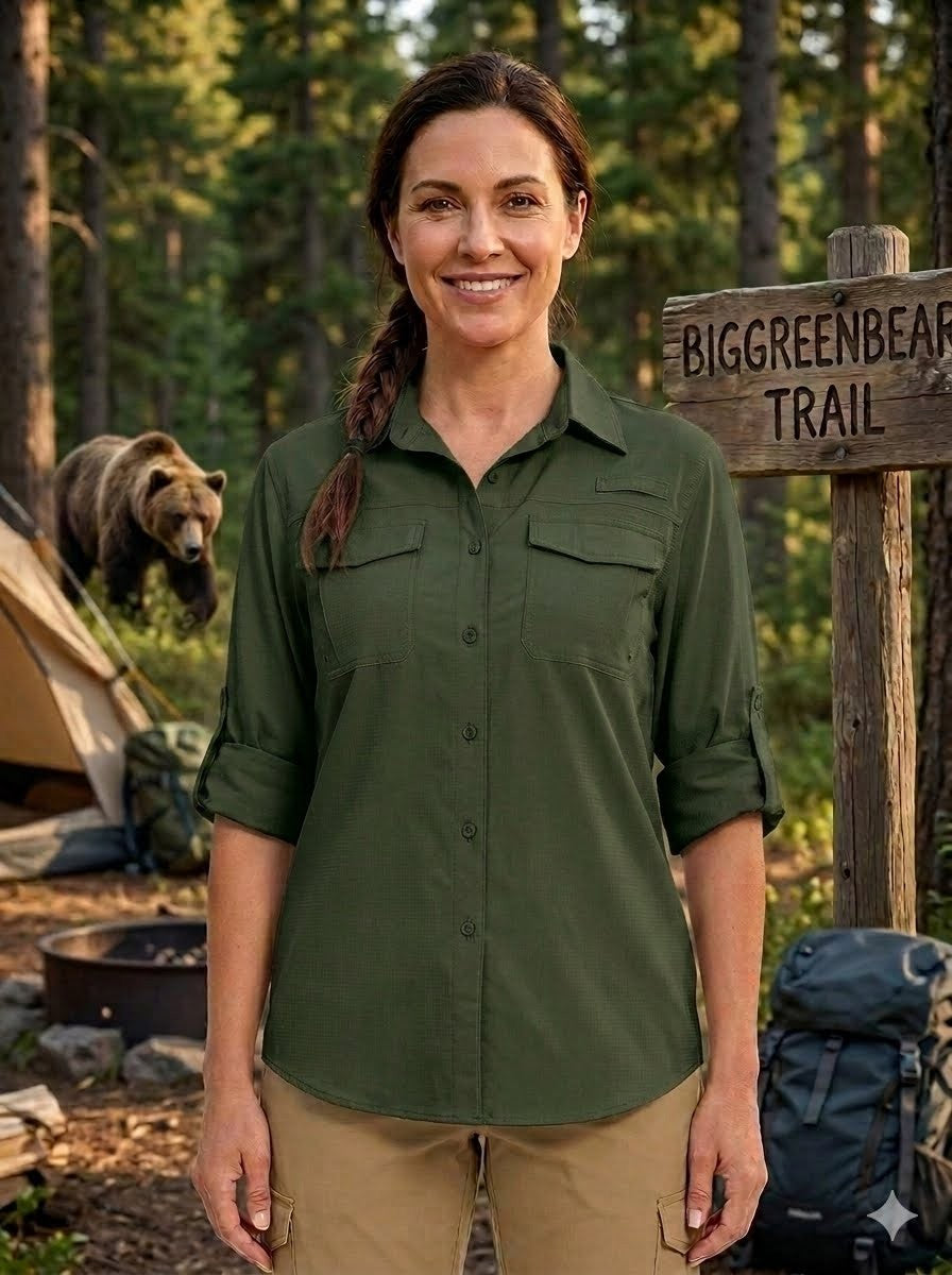 Woman in green shirt standing in a forest with a bear and camping gear around big green bear