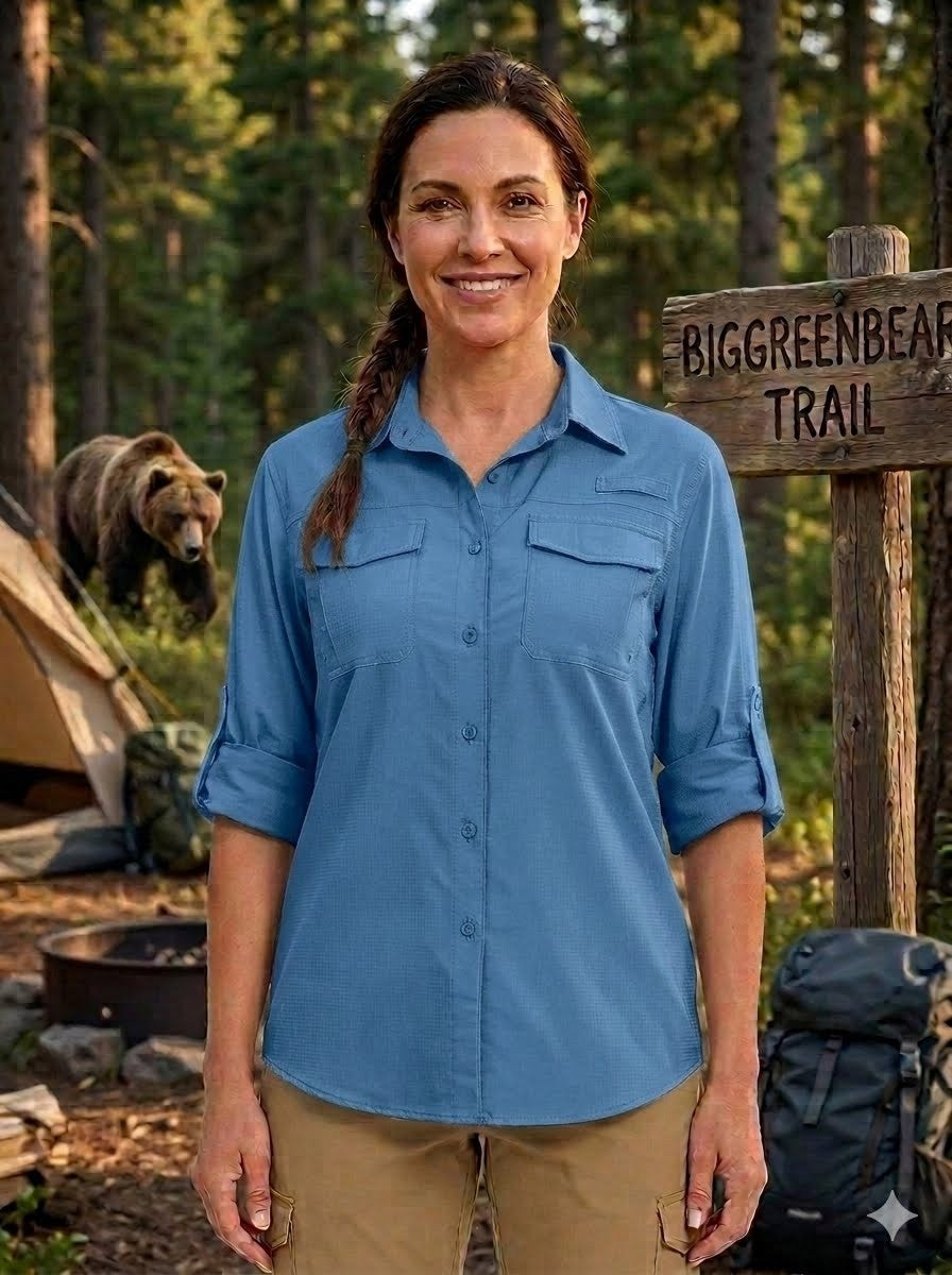 Woman in a blue shirt standing in a forest with a bear and 'Big Green Bear Trail' sign in the background. big green bear