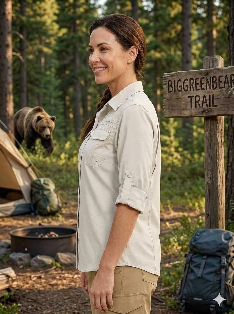 Woman standing in a forest with a bear, camping gear, and a trail sign in the background.