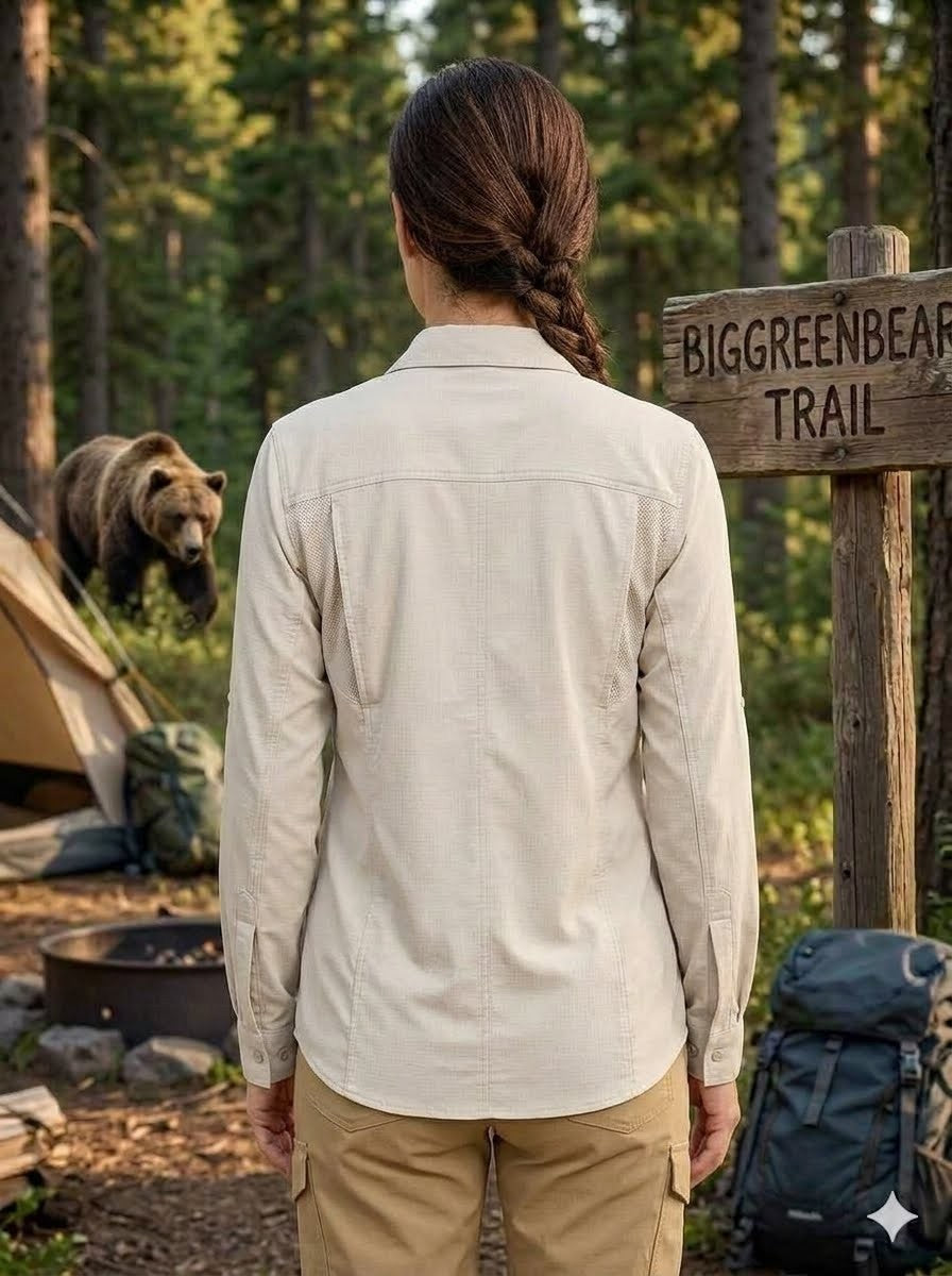 Person in beige shirt standing in a forest with a bear and camping gear around