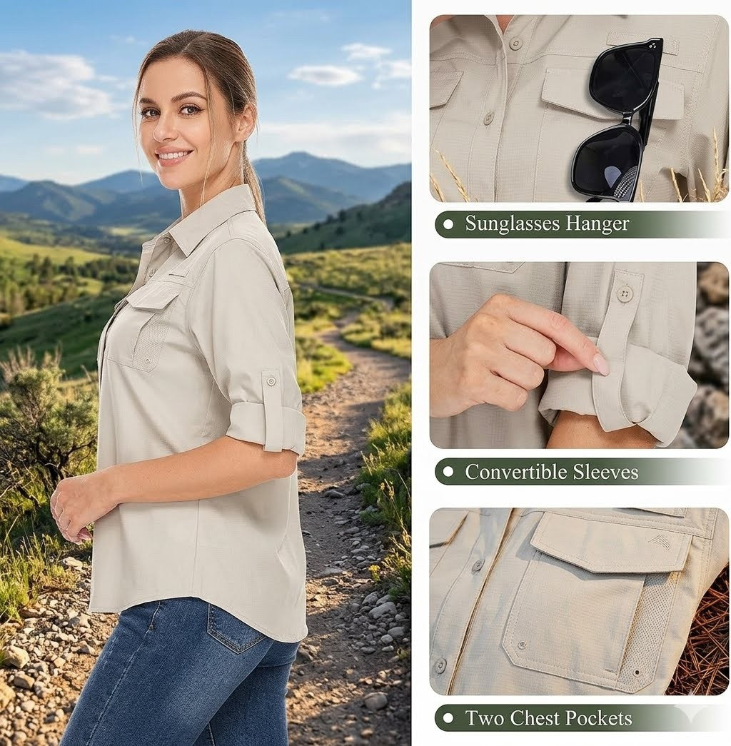 Woman in beige shirt with mountain background, showcasing sunglasses hanger, convertible sleeves, and two chest pockets.