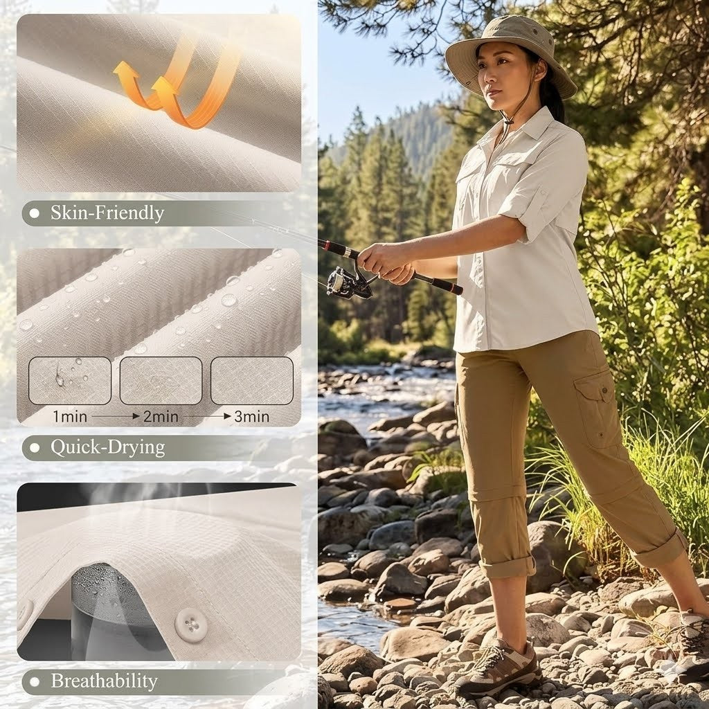 Woman fishing by a stream with product features highlighted on the left.