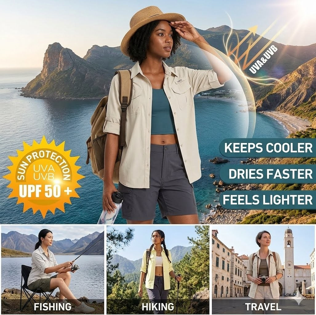 Woman in outdoor clothing with scenic background, emphasizing sun protection and comfort features.