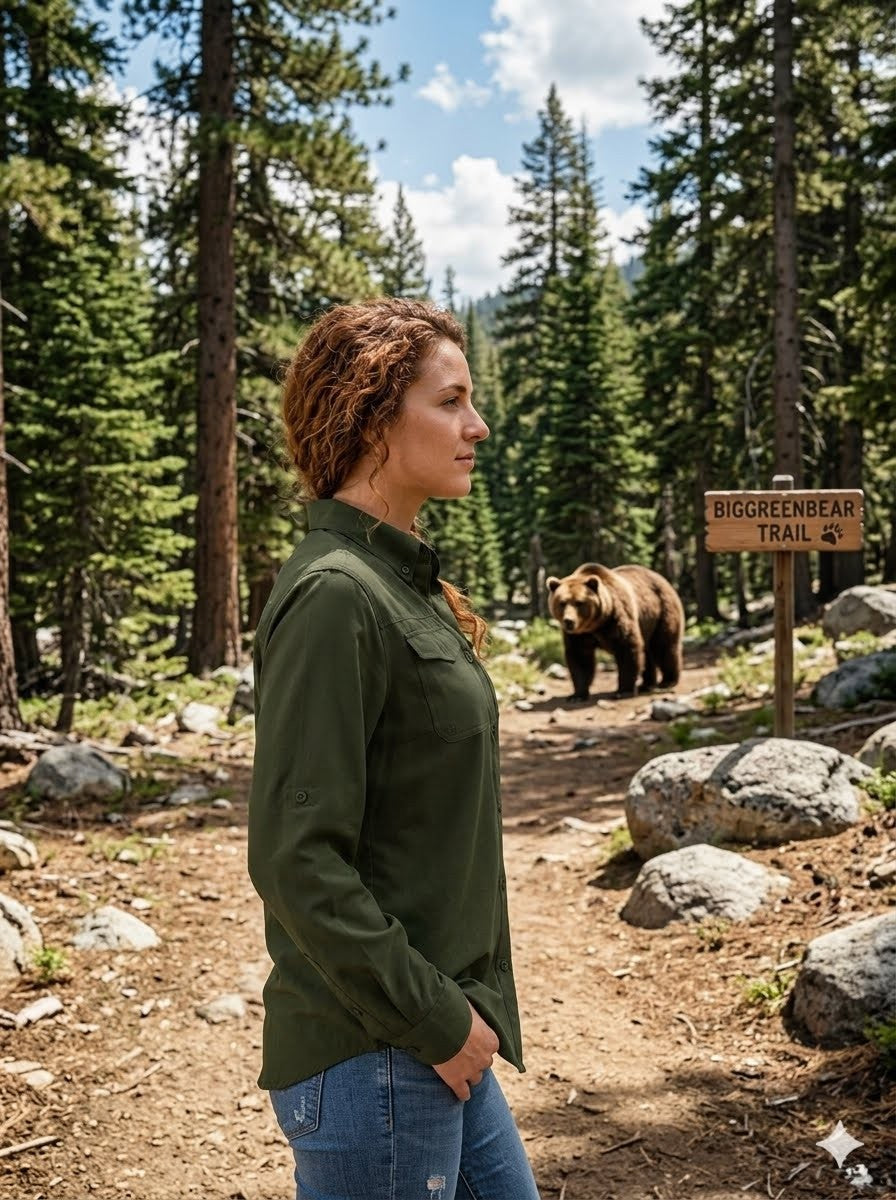 Woman standing on a trail in a forest with a bear in the background
