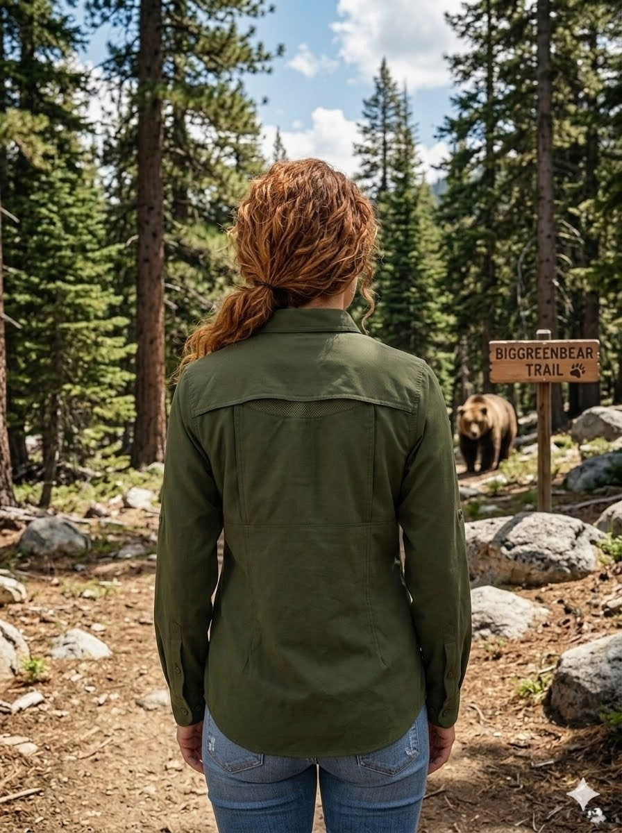 Person in a green jacket standing on a trail with a bear and sign in the background