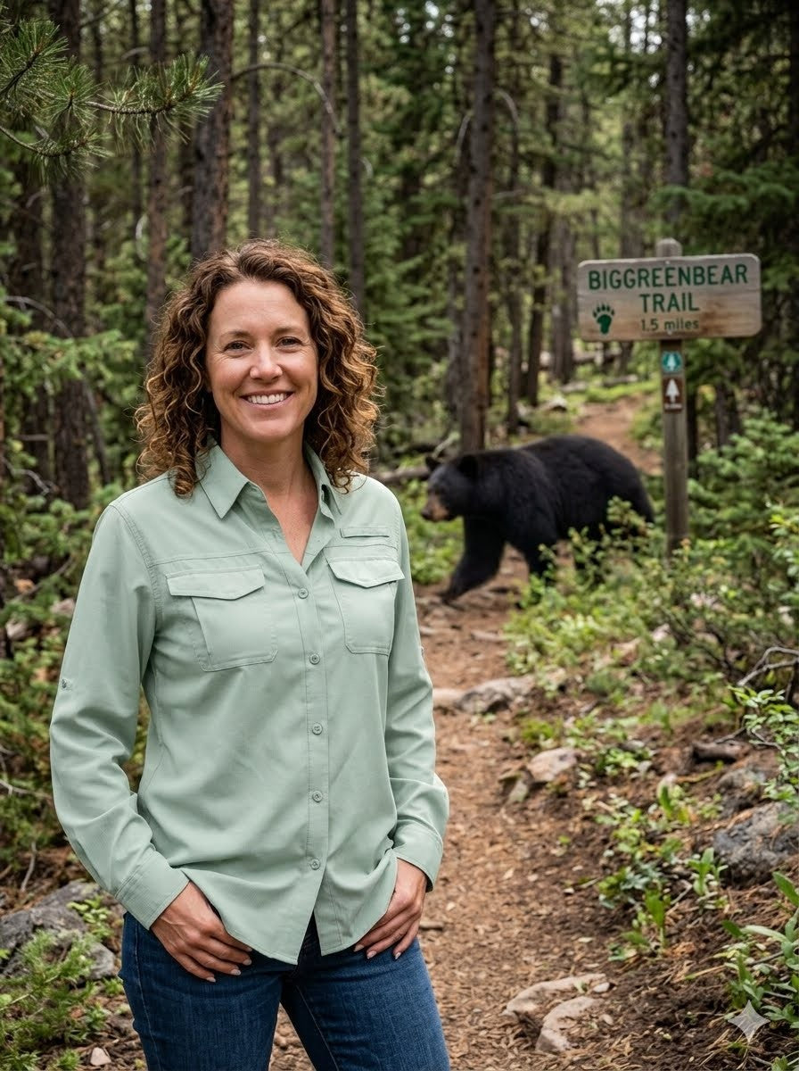 Woman standing on a trail with a bear in the background and a 'Biggreenbear Trail' sign. 