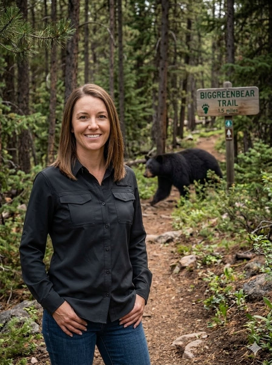 Woman standing on a trail with a bear in the background and a 'Biggreenbear Trail' sign. big green bear