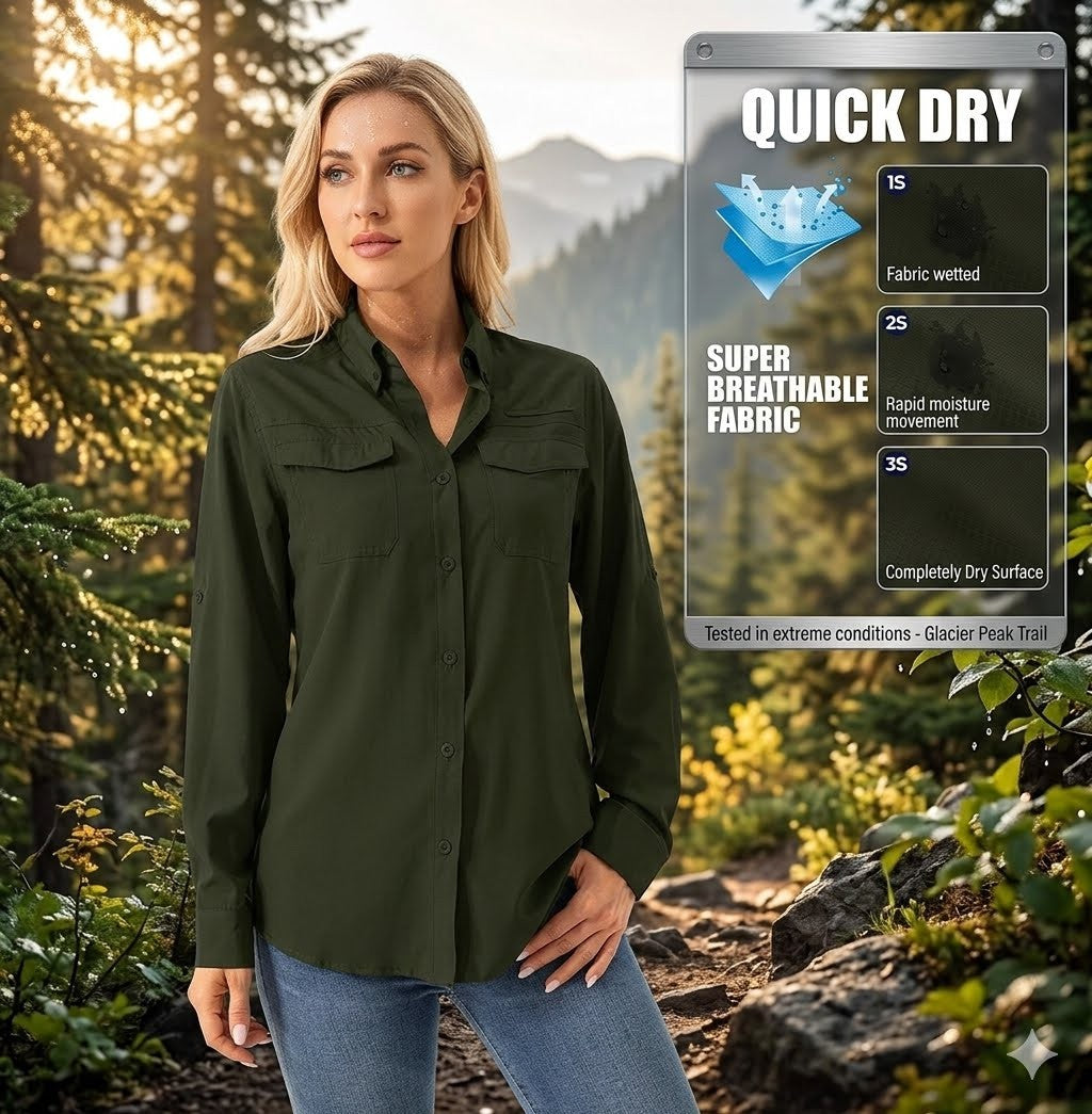 Woman wearing a green shirt with quick dry feature details overlayed in a forest setting