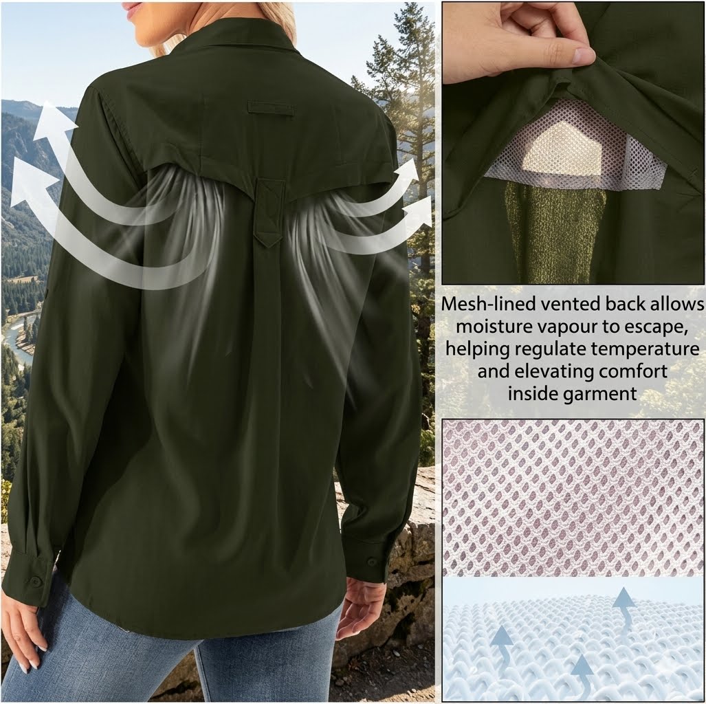 Green jacket with mesh-lined vented back, shown outdoors with mountain view.
