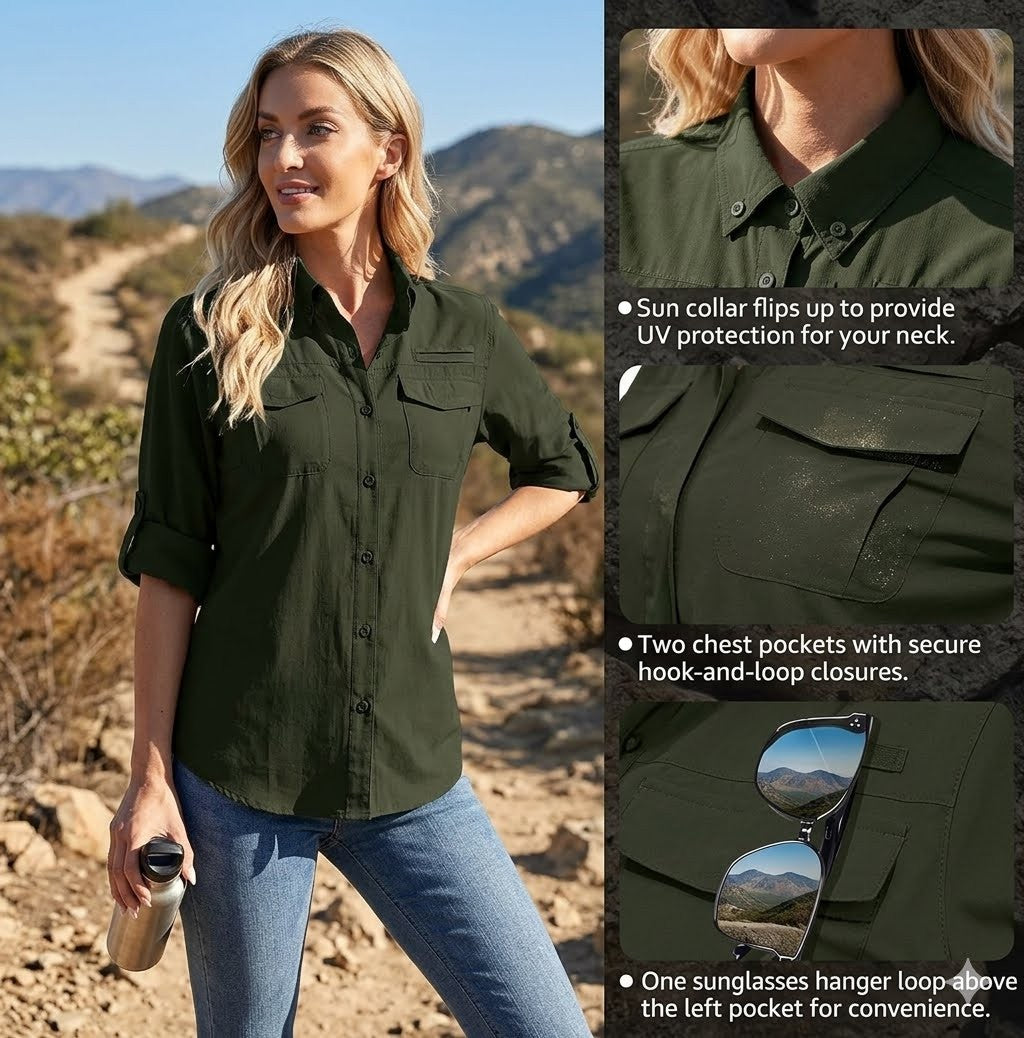 Woman wearing a green shirt outdoors with product features highlighted
