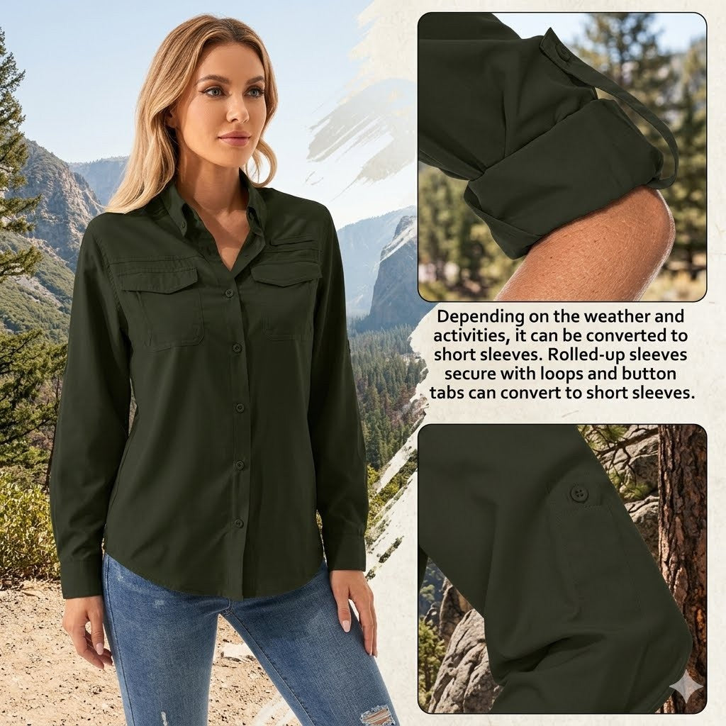 Woman wearing a green shirt with mountainous background