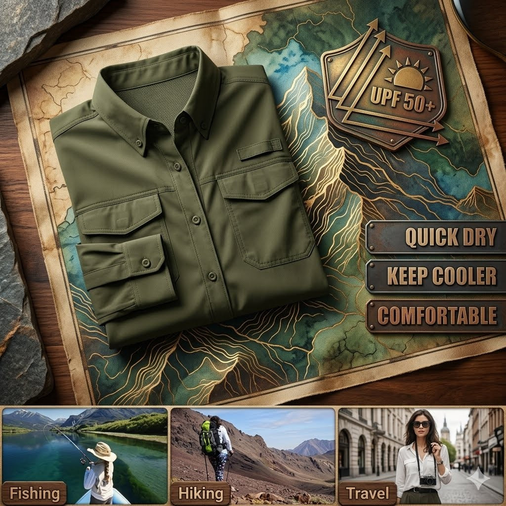 Green shirt on a map background with outdoor activities depicted below