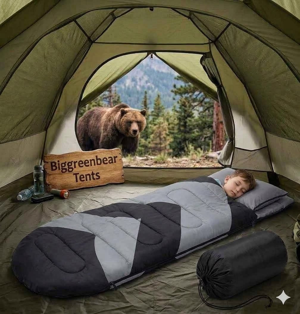 Person sleeping in a tent with a bear outside, featuring Biggreenbear Tents branding.