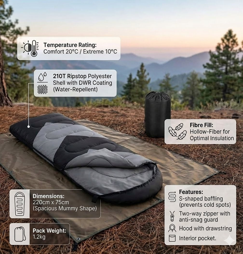 Sleeping bag with specifications on a nature background