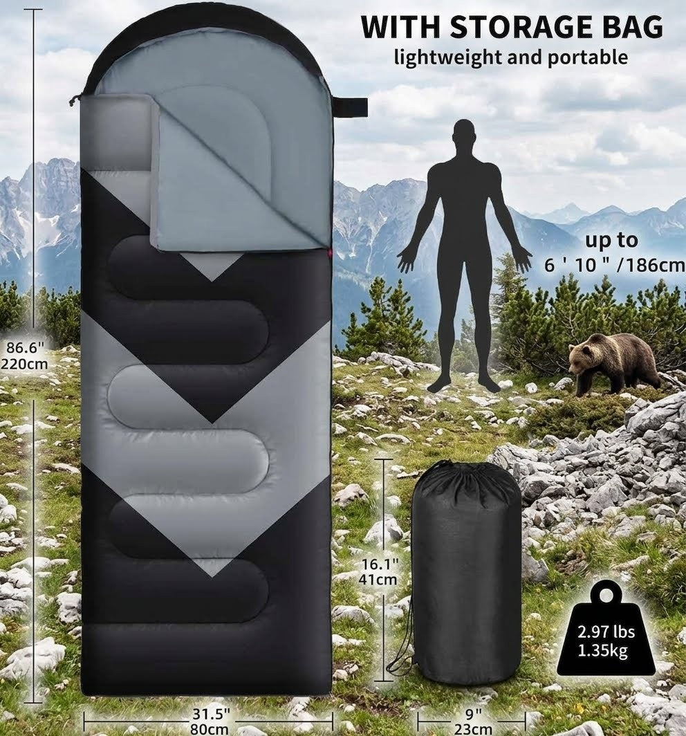 Sleeping bag with storage bag, dimensions, and weight displayed against a mountainous background.