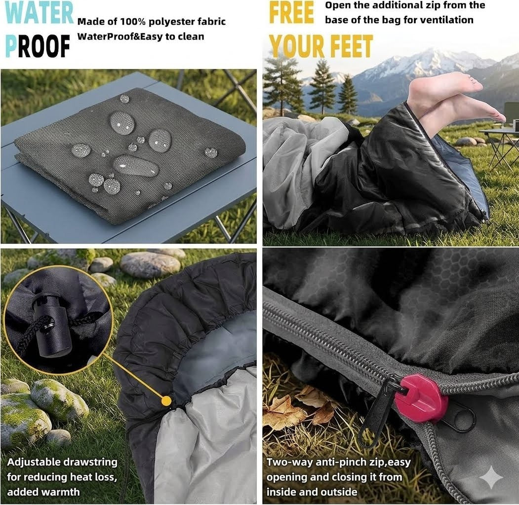 Collage of a waterproof sleeping bag with features highlighted on a grassy background.